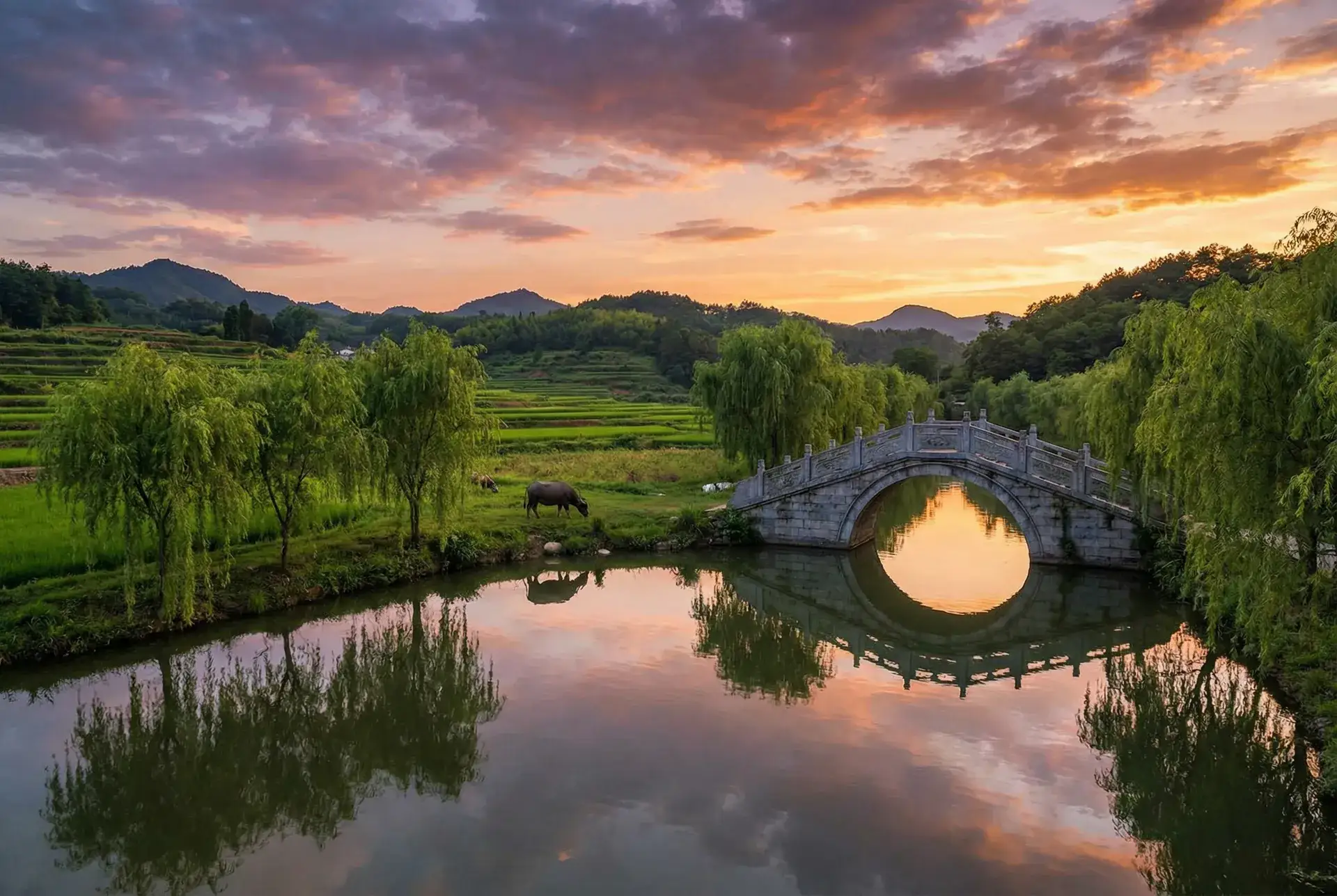 夕阳下的石拱桥与垂柳，水牛在河边吃草 - 母女双飞 乡村美景